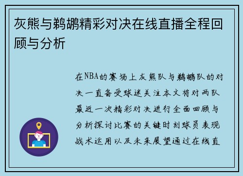 灰熊与鹈鹕精彩对决在线直播全程回顾与分析